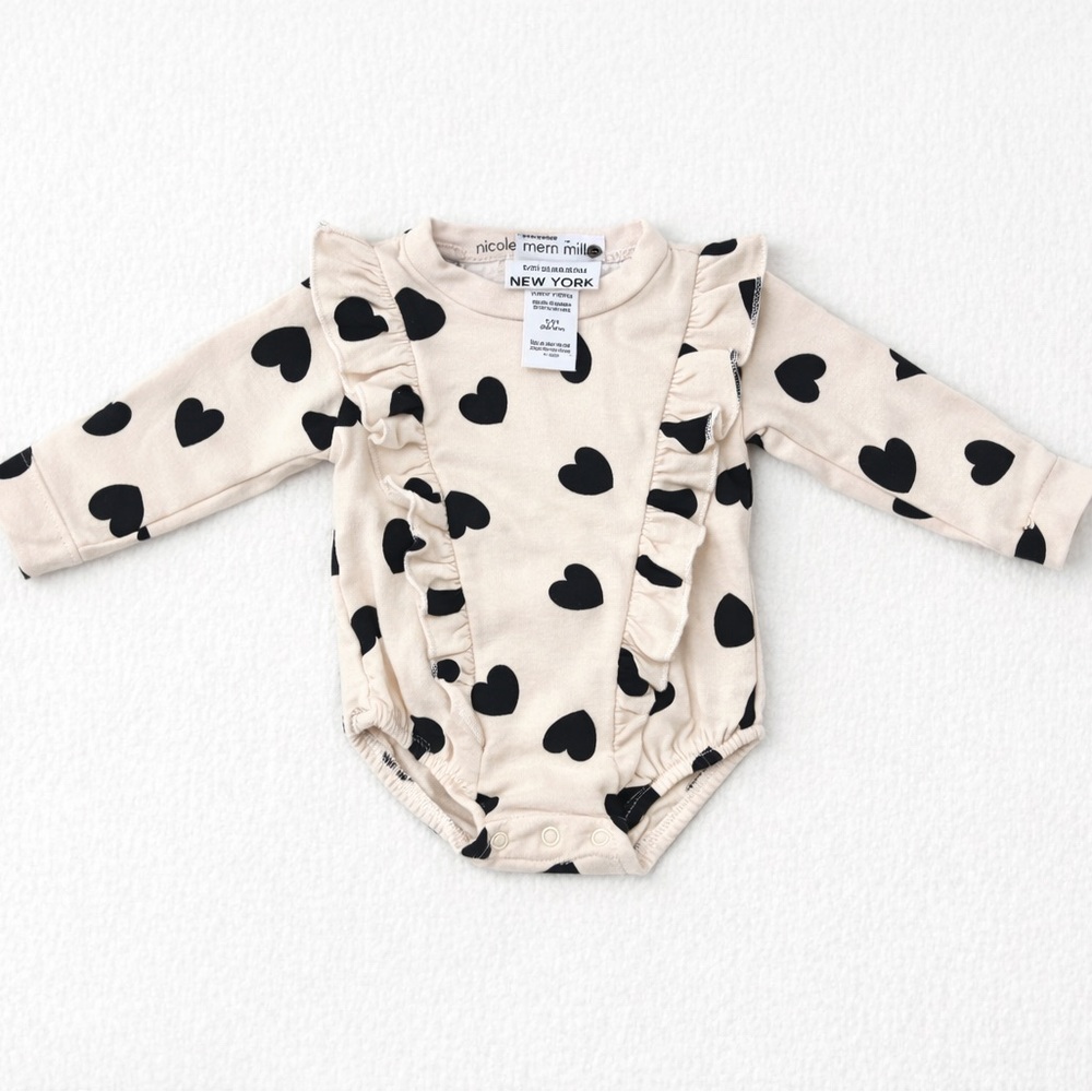 Nicole Miller NY Heart Print Baby Bodysuit 0-3M Neutral Chic Ruffle